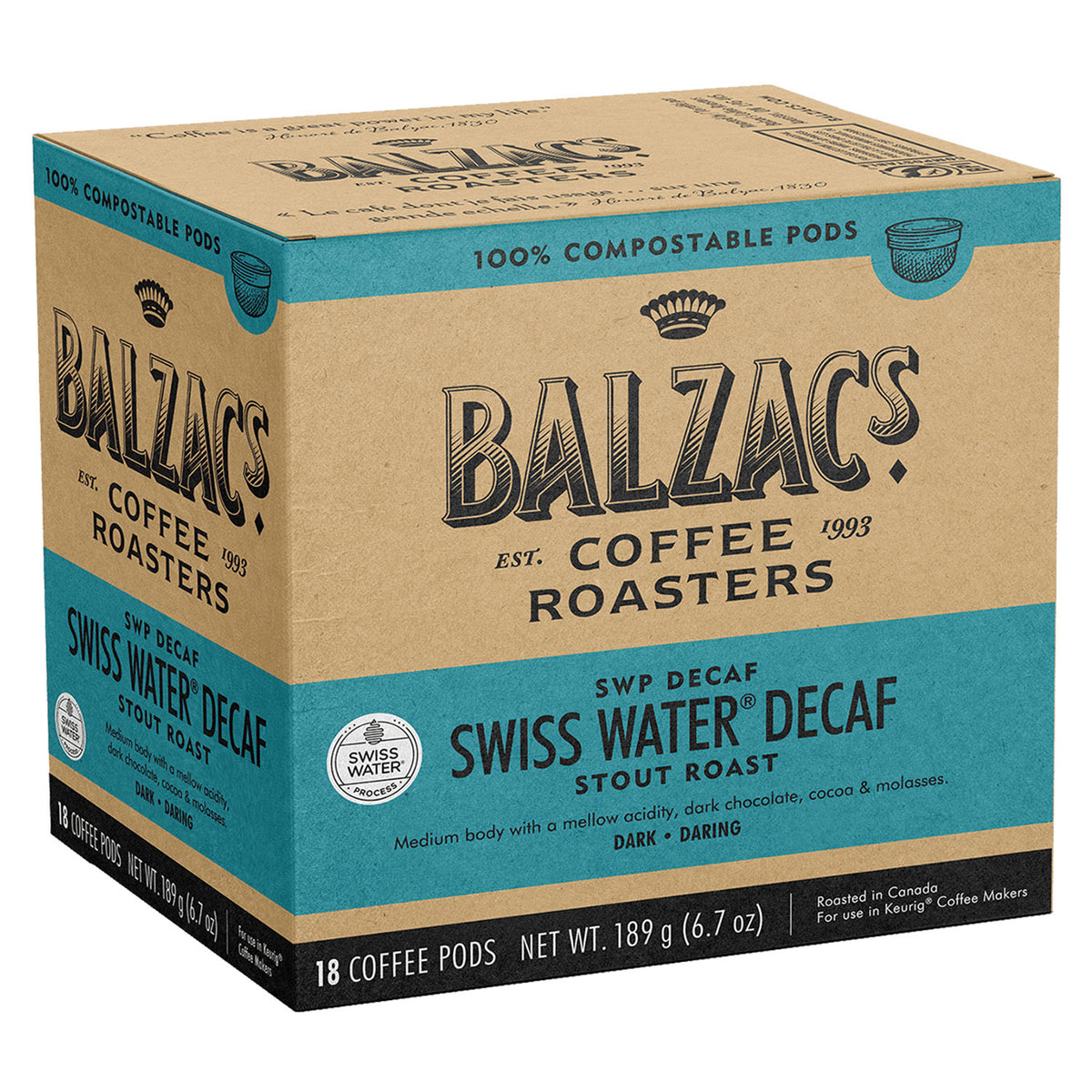 Balzac's SWP Decaf 100 Compostable Keurig® Coffee Pods for Keurig
