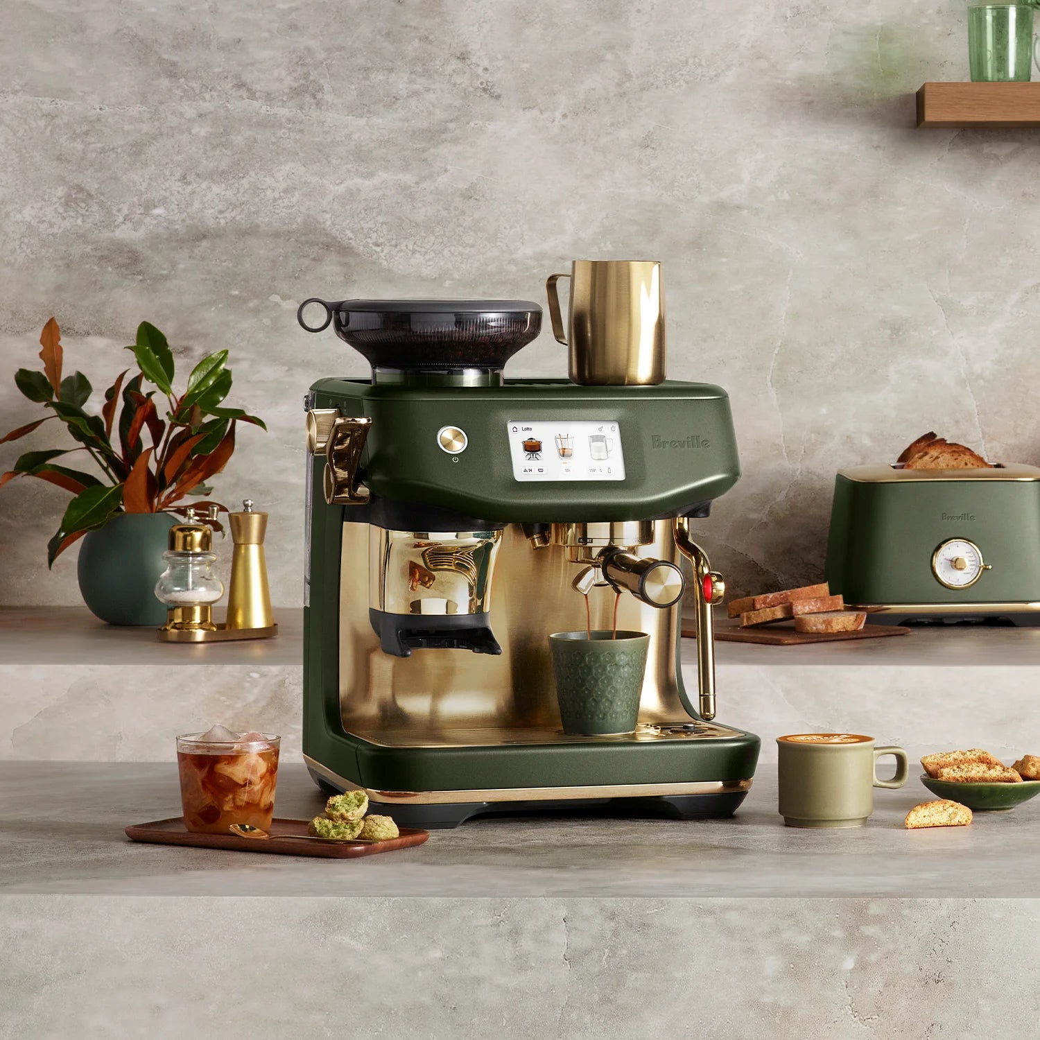 Breville Barista Touch Impress Automatic Espresso Machine, Olive Tapenade Brass #BES881OLB