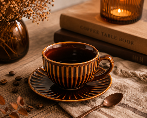 Tasse à café rayée I.XXI avec soucoupe 300 ml, caramel