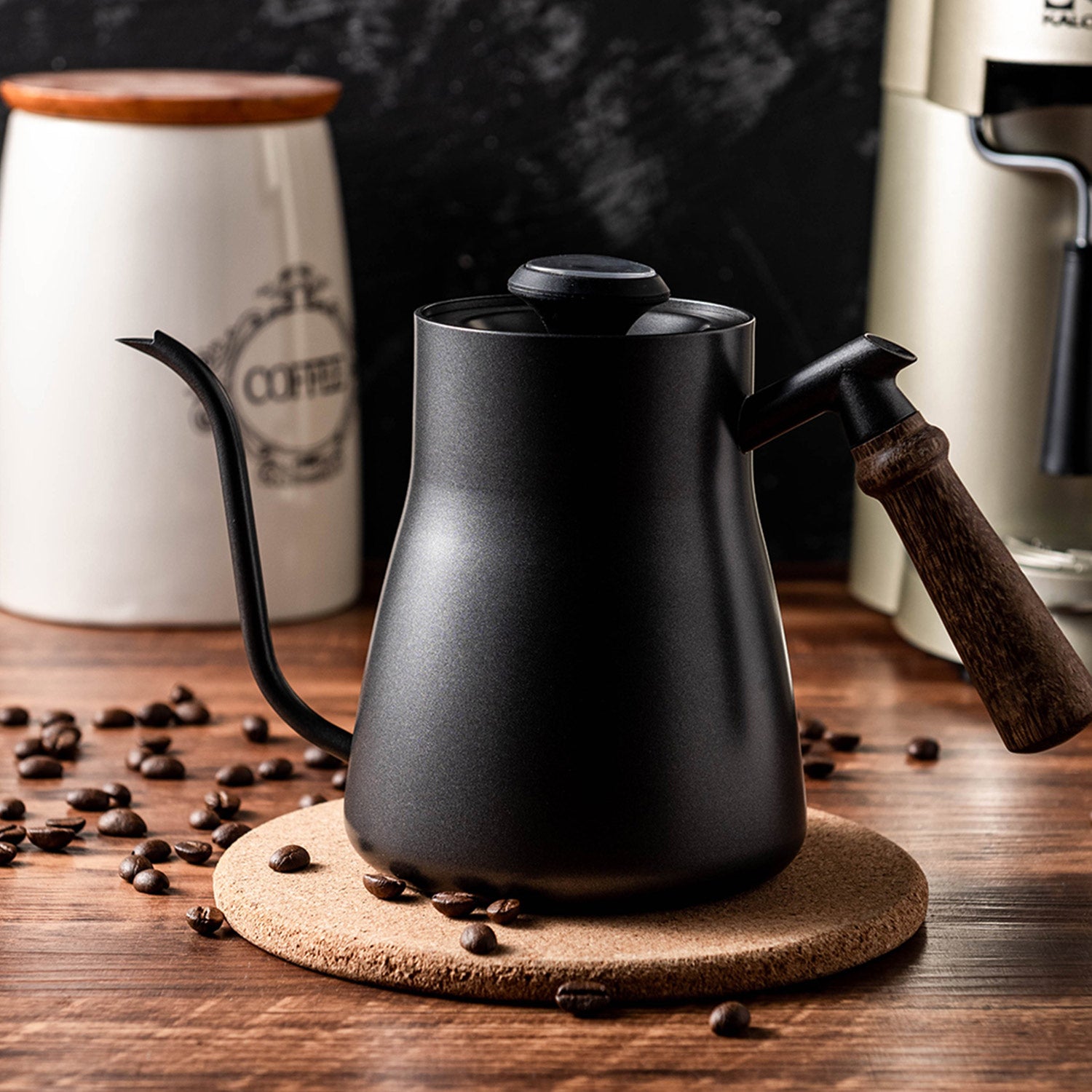 I.XXI Gooseneck Kettle Rosewood handle with Thermometer, Black