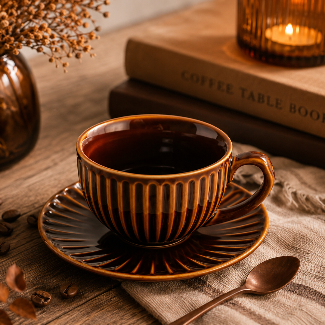 I.XXI Striped Coffee Mug with Saucer 220ml, Caramel