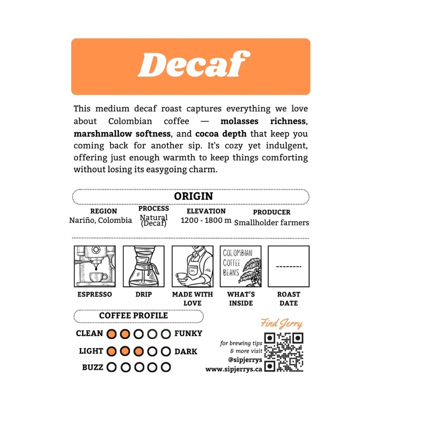 Jerry's Colombia Decaf Whole Bean Coffee, 340g