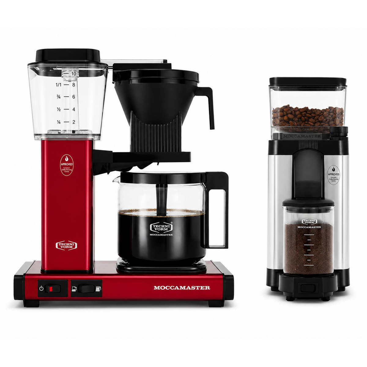 Moccamaster KBGV Select Brewer Candy Apple Red and KM5 Grinder