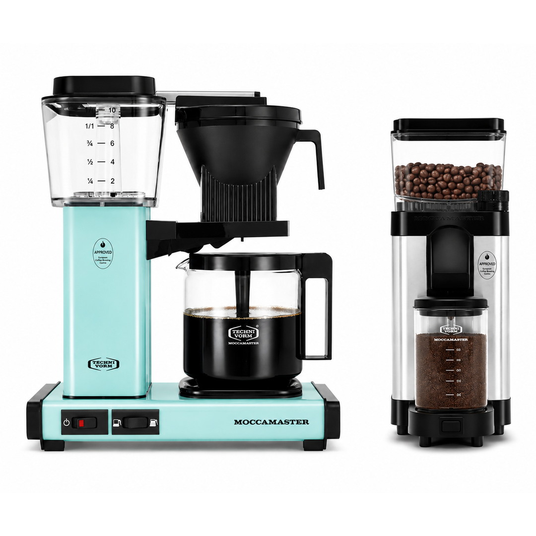 Moccamaster KBGV Select Brewer Turquoise and KM5 Grinder