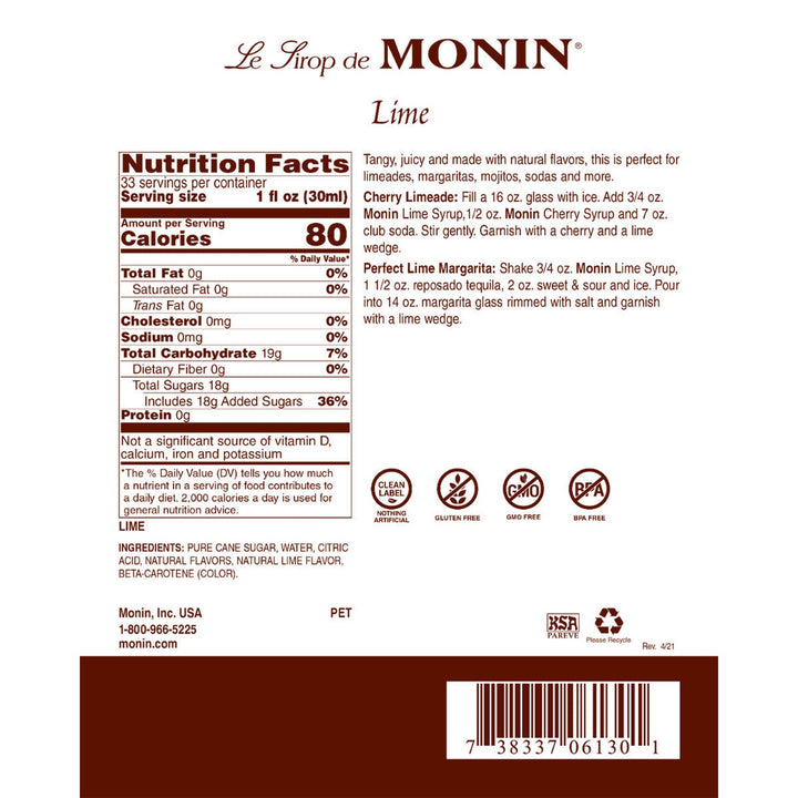 Monin Lime Syrup, 1L Bottle