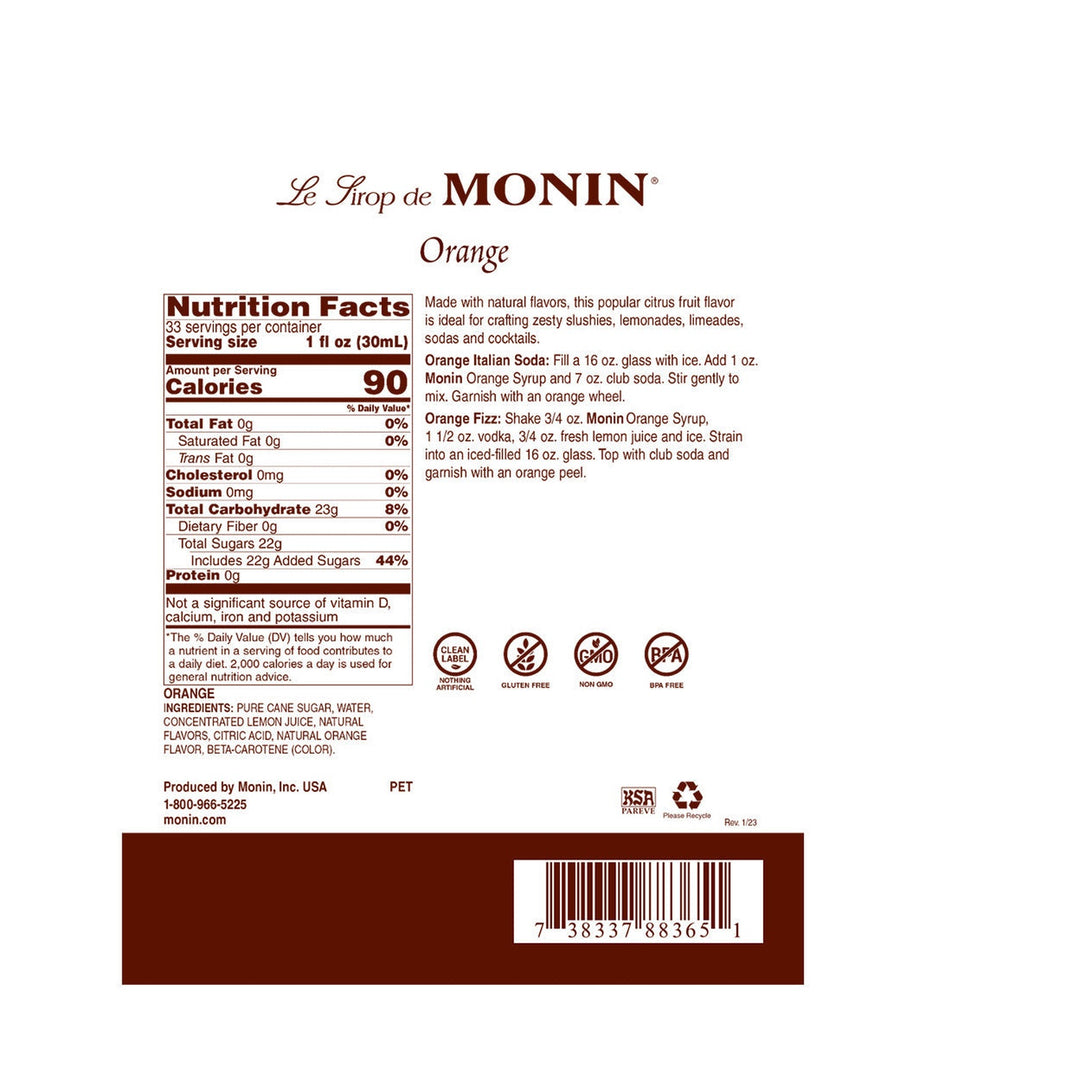 Monin Orange Syrup, 1L Bottle