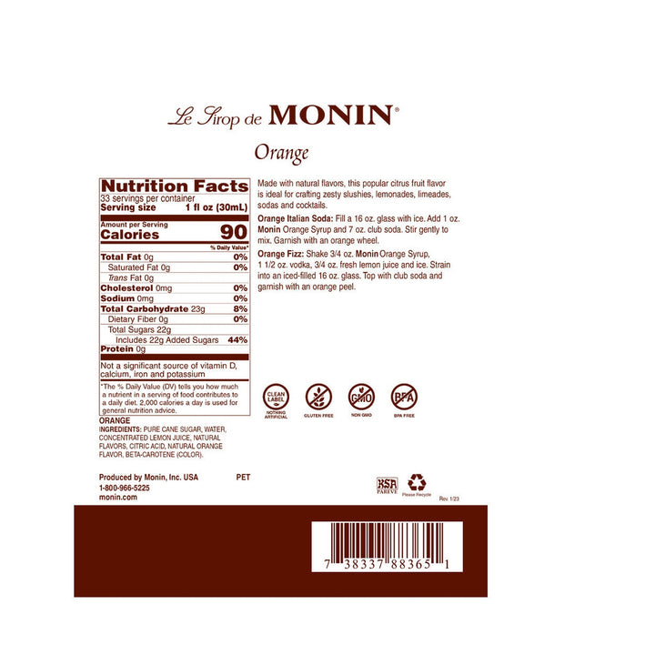 Monin Orange Syrup, 1L Bottle
