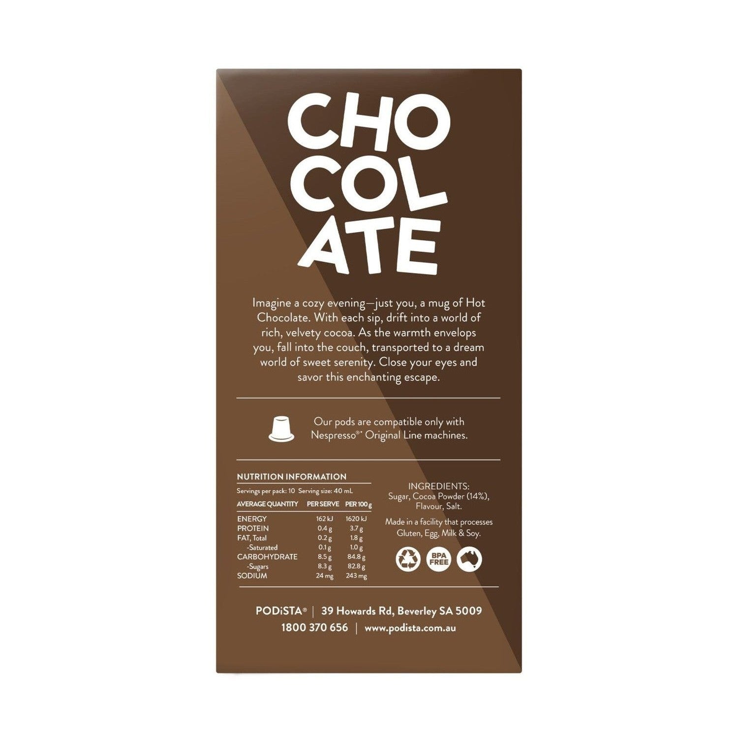PODiSTA Smooth & Creamy Hot Chocolate Nespresso Compatible Capsules, 10 Pack