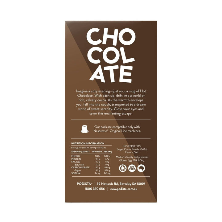 PODiSTA Smooth &amp; Creamy Hot Chocolate Nespresso Compatible Capsules, 10 Pack