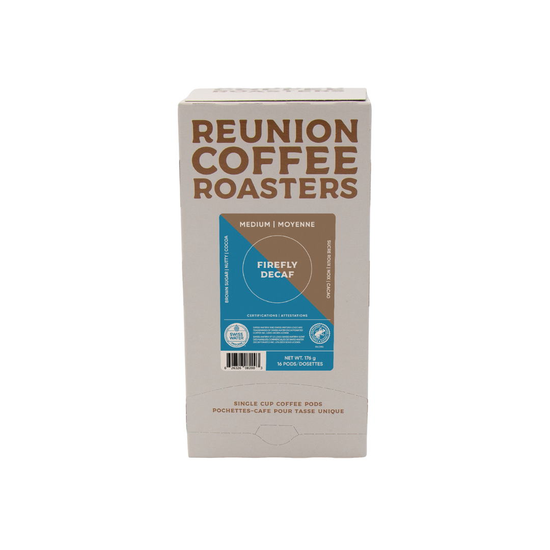 Reunion Coffee Roasters Swiss Water Process Firefly Decaf Pods, 16 Pack