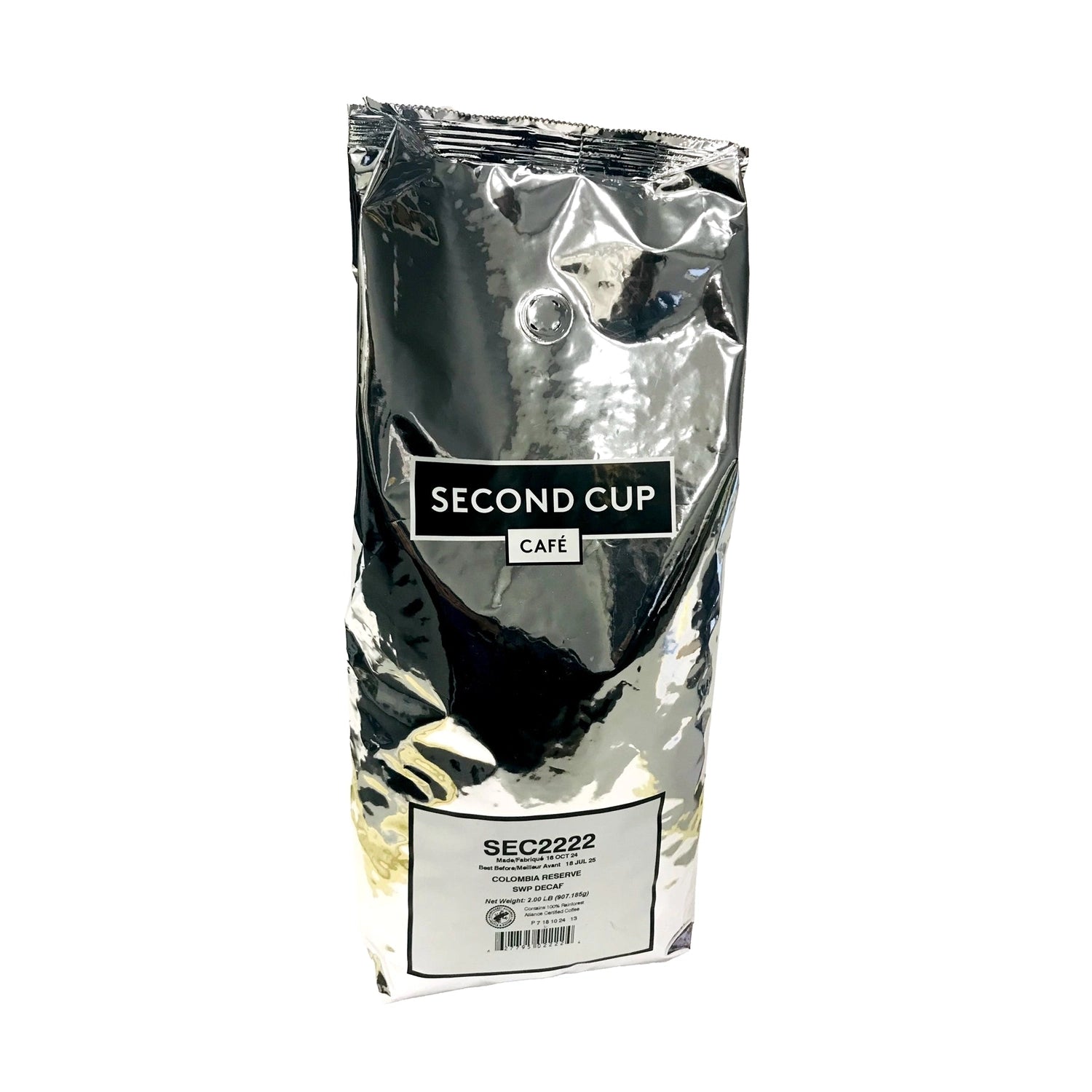 Second Cup Colombian Reserve SWP Decaf Whole Bean Coffee, 2 lb