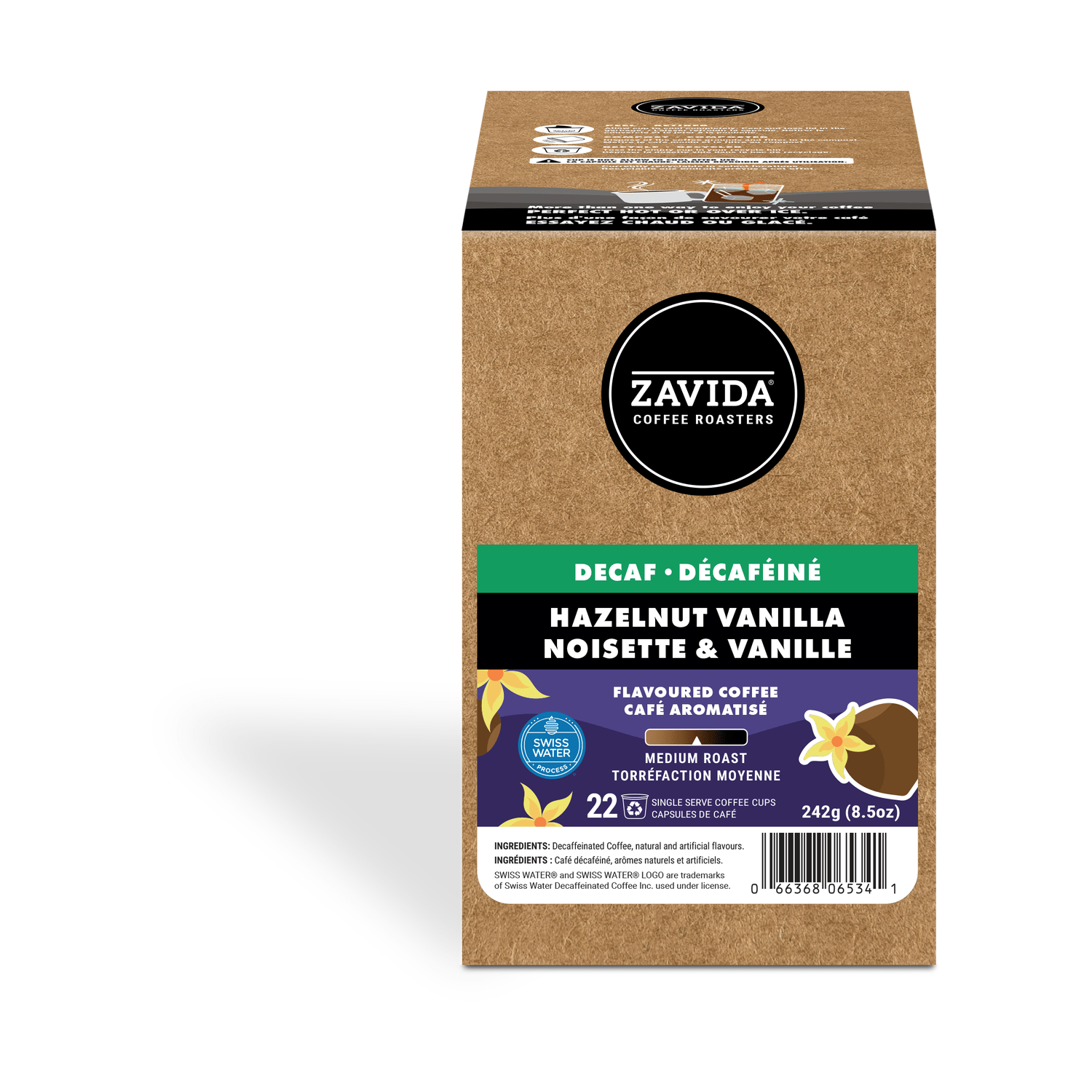 Zavida Decaf Hazelnut Vanilla Single Serve Coffee, 22 Pack