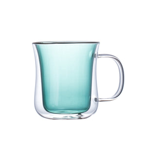 I.XXI Double Wall Green Wave Glass Coffee Cup with Handle, 250ml