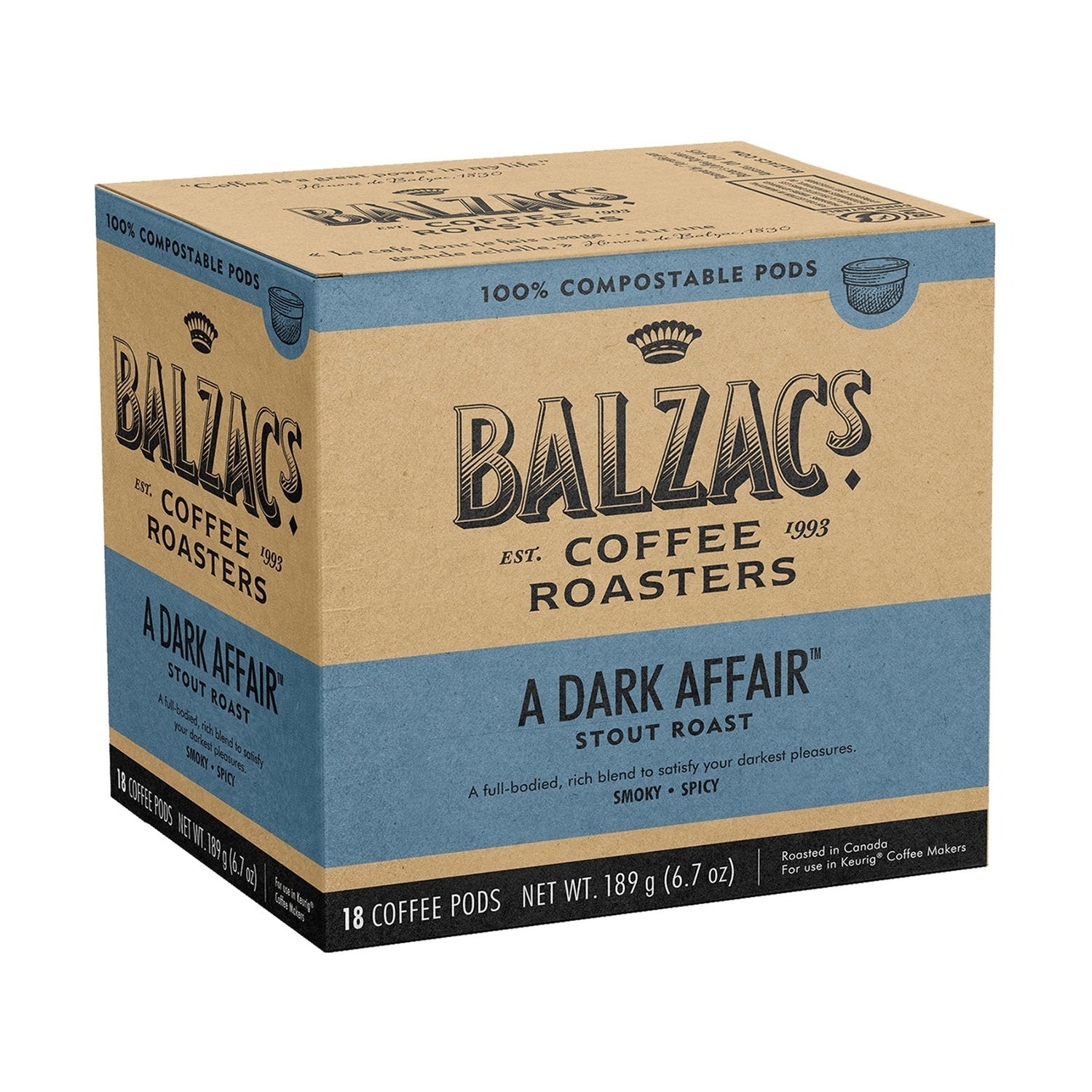 Balzac's A Dark Affair 100% Compostable Keurig® Coffee Pods, 18 Pack