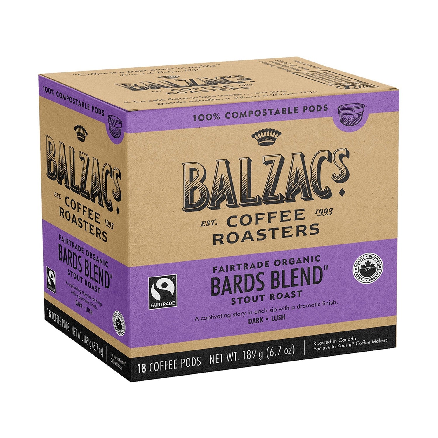 Balzac's Bard's Blend 100% Compostable Keurig® Coffee Pods, 18 Pack
