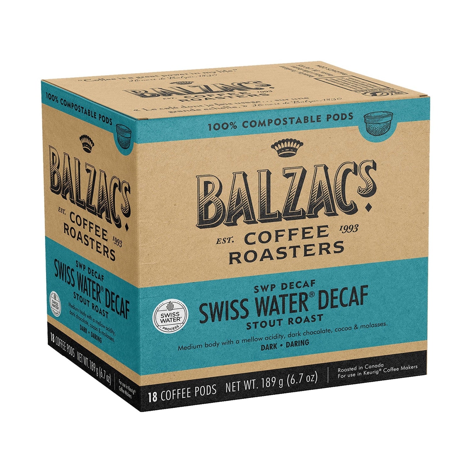 Balzac's SWP Decaf 100% Compostable Keurig® Coffee Pods, 18 Pack