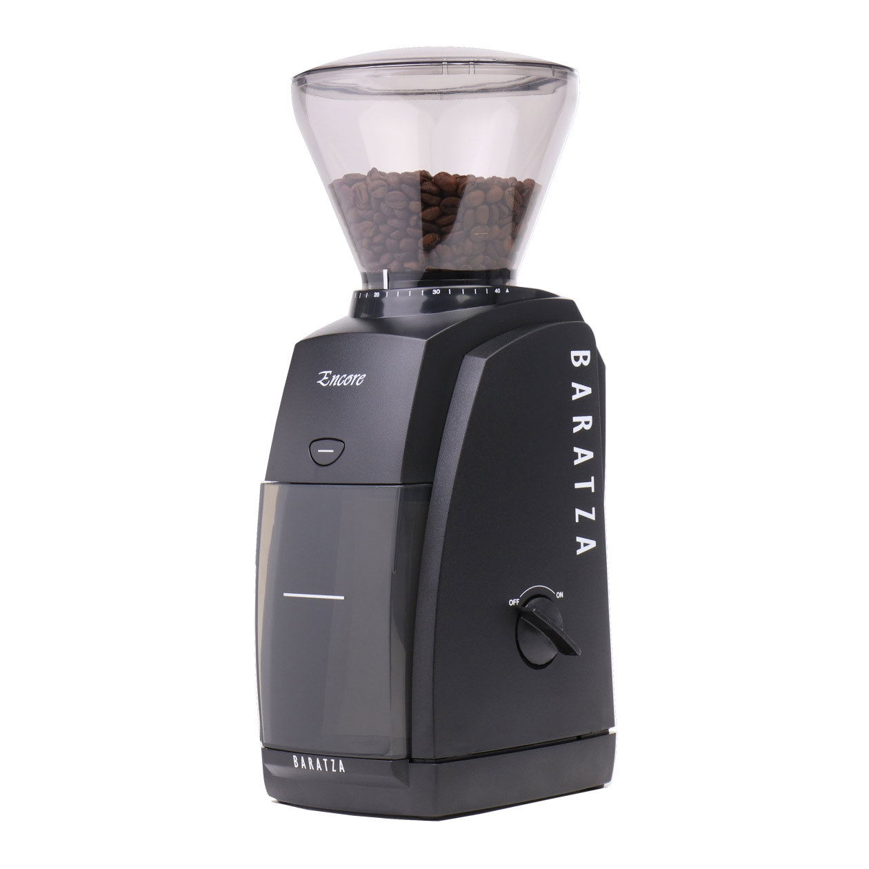 A black Baratza Encore grinder standing on a wooden coffee station.