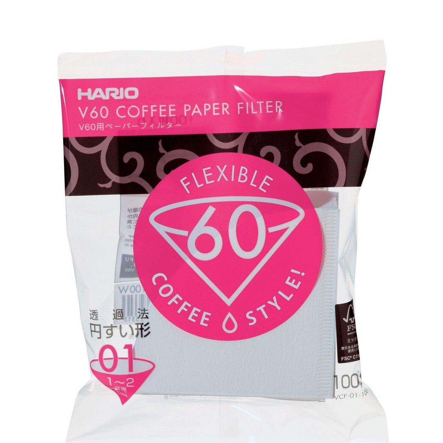 Hario V60 White Tabbed Paper Coffee Filters Size 01, 100 Count