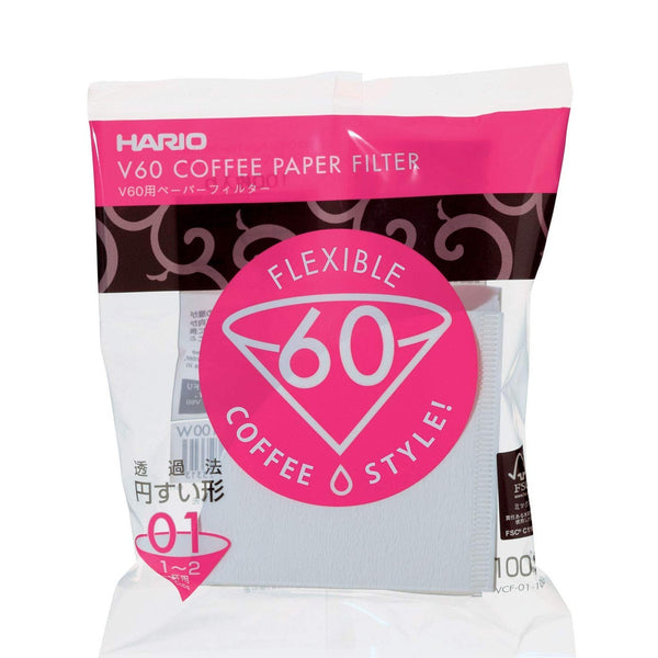 Hario V60 White Tabbed Paper Coffee Filters Size 01, 100 Count