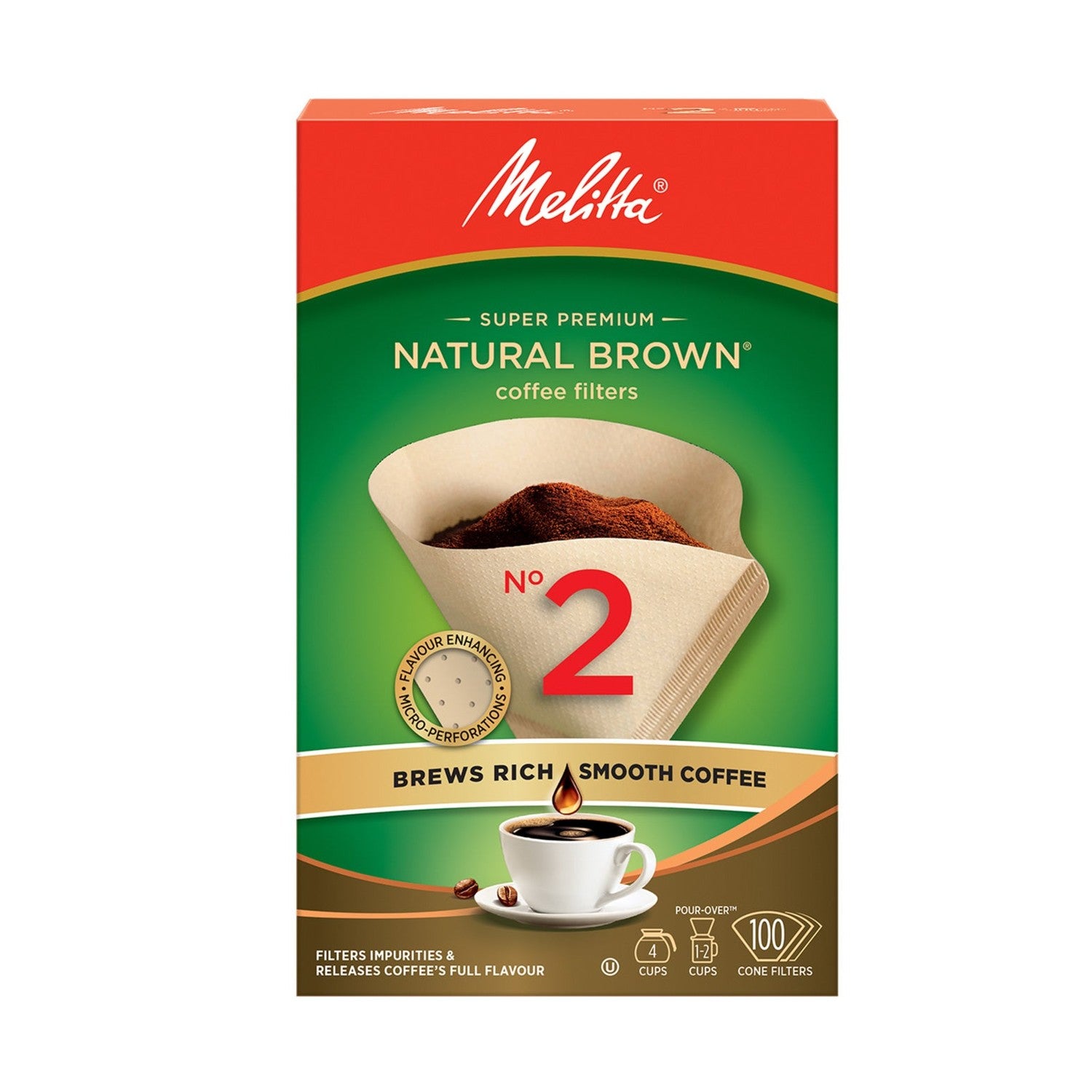 Melitta Natural Brown Cone #2 Filters, 100 Count