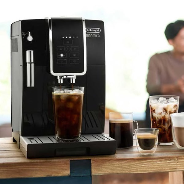 DeLonghi Dinamica Espresso Machine brewing an iced coffee