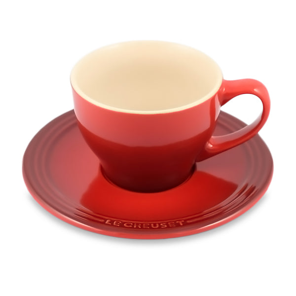 Le Creuset Set of 2 Stoneware Cappuccino Cups Saucers 7oz 200 ml Cerise Red  NIB