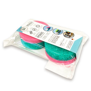 A 2 pack of pink and teal "World's Best" round sponges for Universal stone.