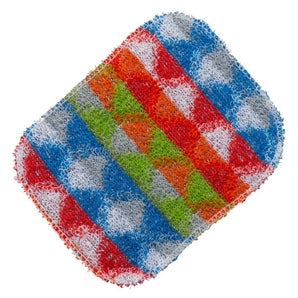 A patterned World's Best Pot Scrubber in green, blue and red, with a triangle shape pattern.