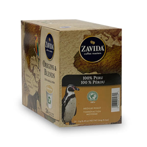 A box of Zavida 100% Peru single serve coffee k-cups.