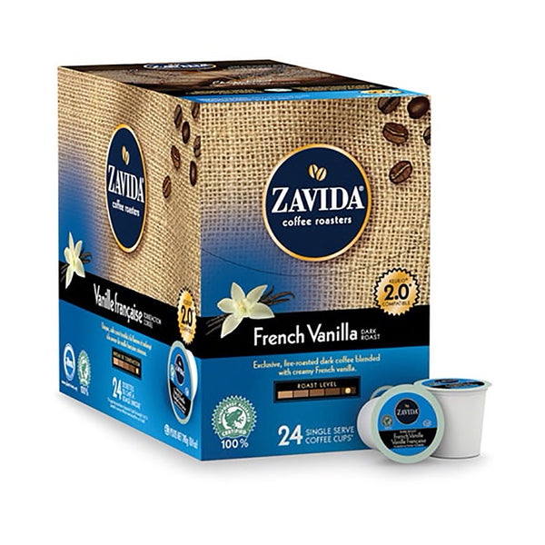 Box of Zavida French Vanilla Single Serve Coffee K-Cups.