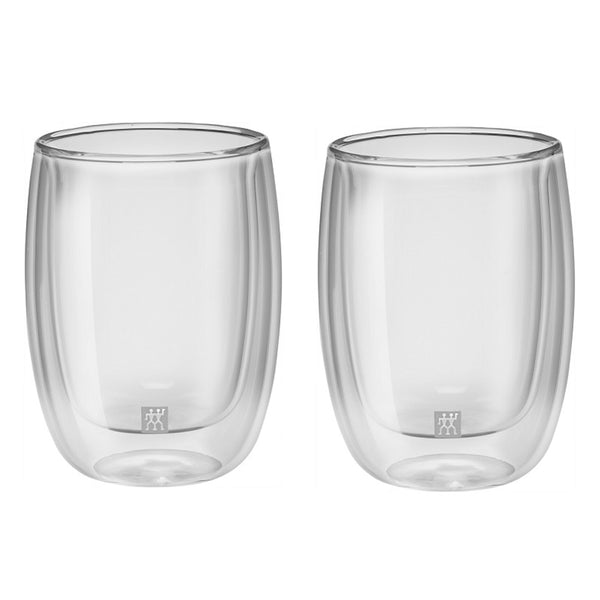 A set of 2 double wall 6.7 ounce coffee glasses without handles.