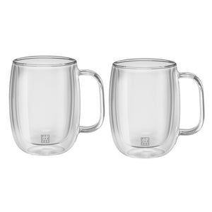 A set of 2 double walled 12 ounce glass coffee mugs with handles, and the Zwilling logo printed on the bottom front.