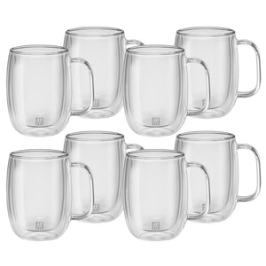 A set of 8 double walled glass 12 ounce coffee mugs with handles, with a small Zwilling logo printed on the front