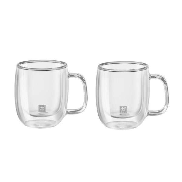 A set of 2 small double walled 2.7 ounce espresso glasses with handles, and the Zwilling logo printed on the front.