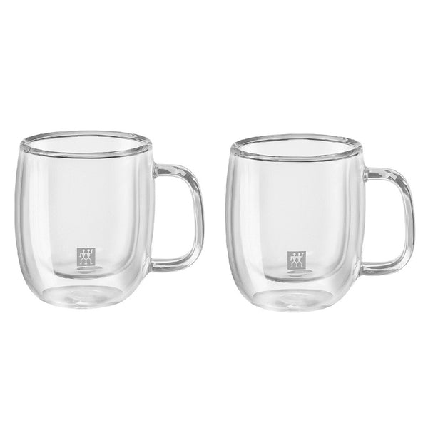 A set of 2 small double walled 4.5 ounce espresso mugs with handles, with the Zwilling logo printed on the front.
