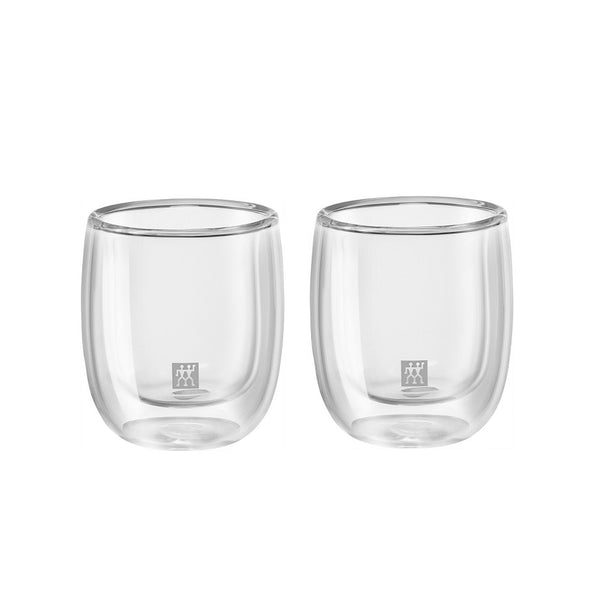 A set of 2 small double wall 2.7 ounce espresso glasses without handle.