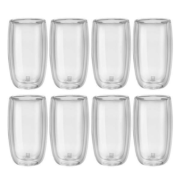 A set of 8 tall double walled 11.8 ounce latte glasses without handle.