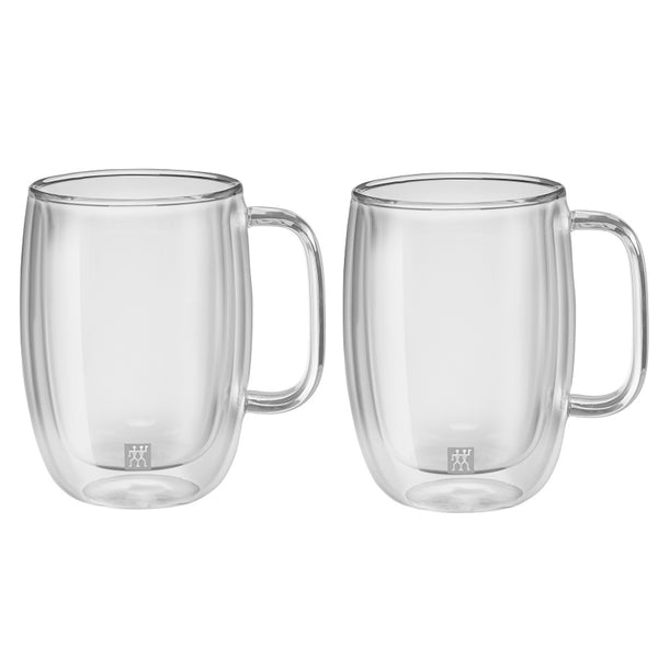 A set of 2 glass double walled latte macchiato 15 ounce cups with the Zwilling logo printed on the front.